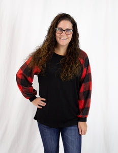 Black and Red Plaid Bubble Sleeve Top