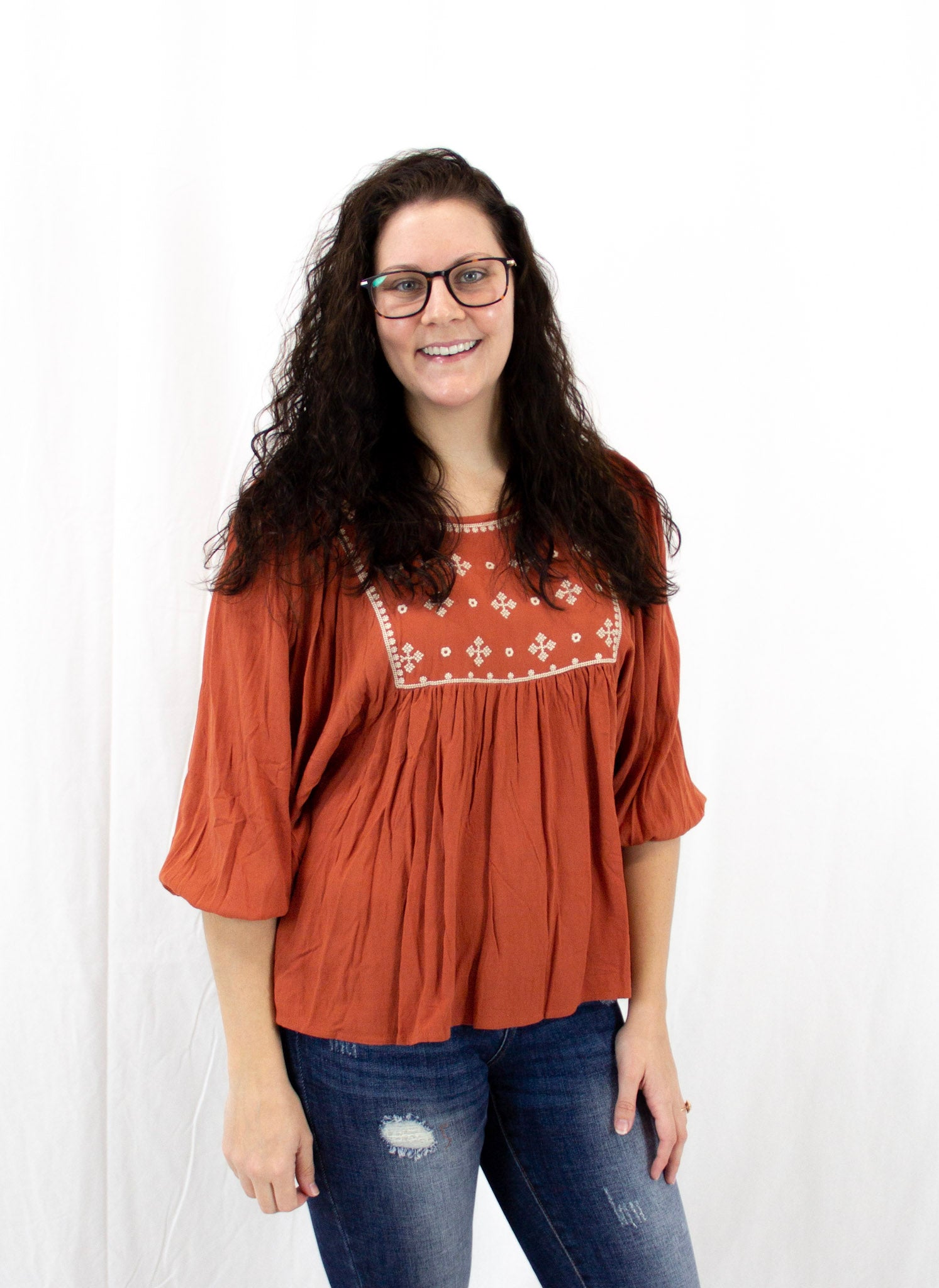 Rust Embroidered Babydoll Top