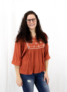 Rust Embroidered Babydoll Top
