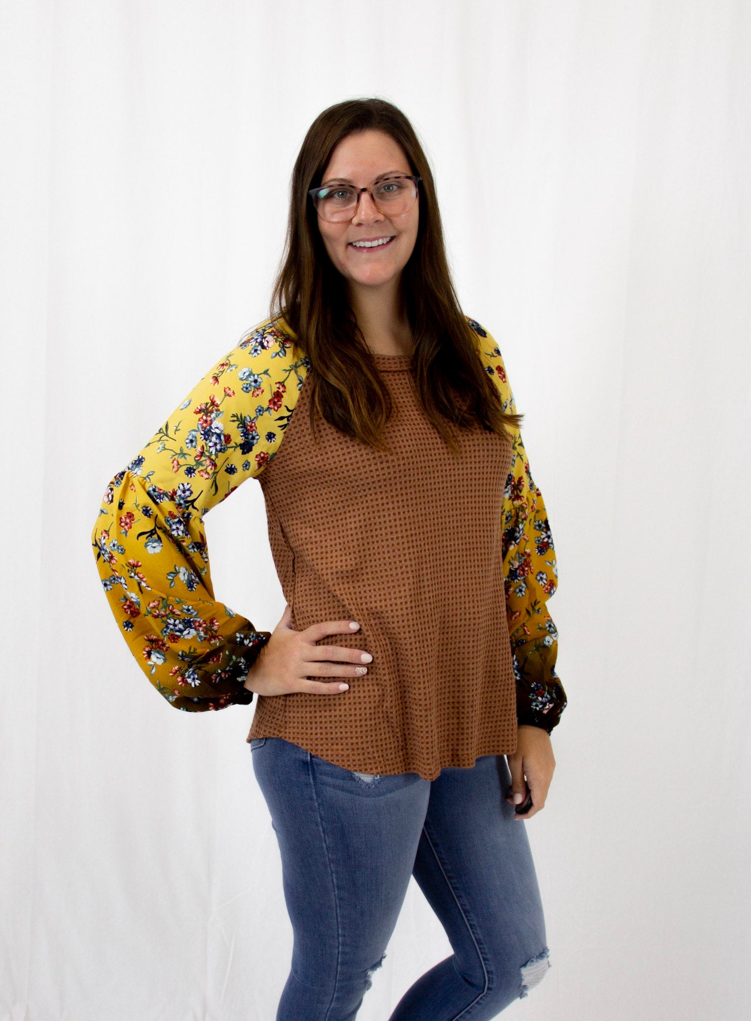 Rust Waffle Knit with Floral Sleeve Top