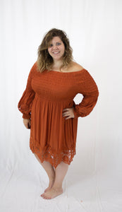 Rust Off Shoulder Dress With Lace Hem