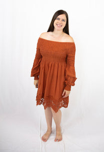 Rust Off Shoulder Dress With Lace Hem