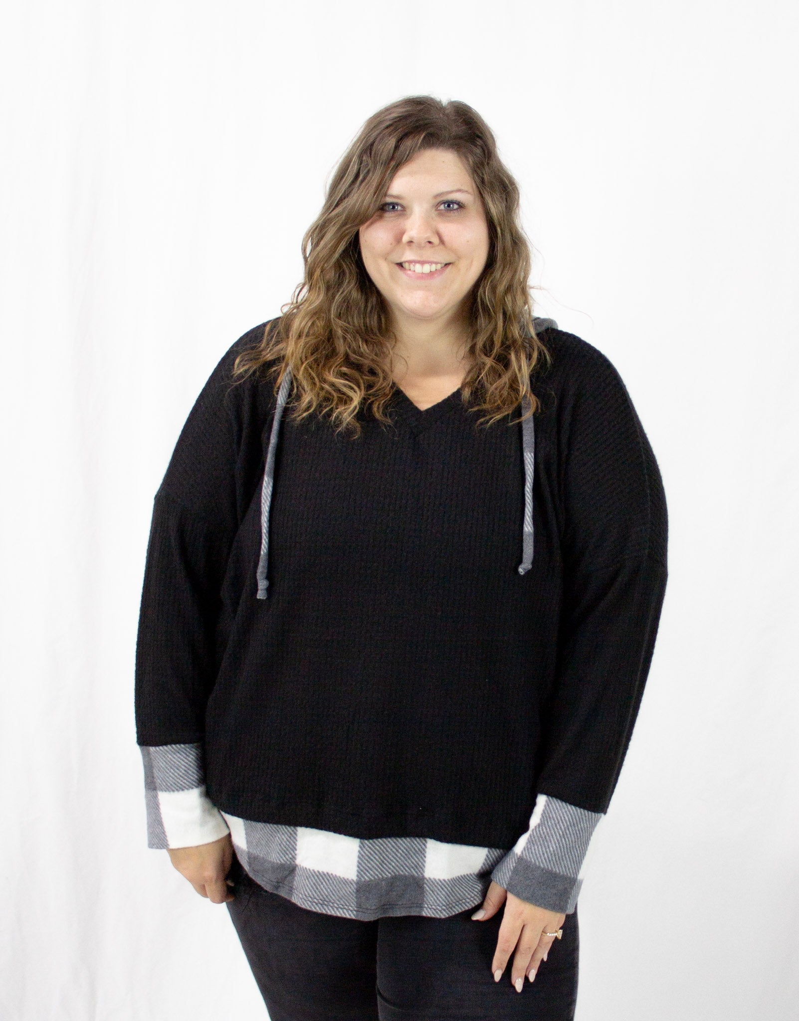 Black and Buffalo Plaid Hooded Sweater