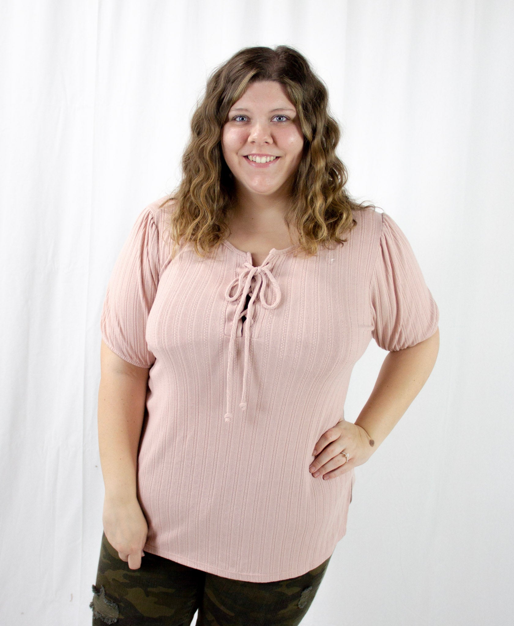 Peach Ribbed Criss Cross Top