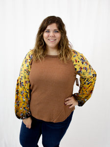 Rust Waffle Knit with Floral Sleeve Top