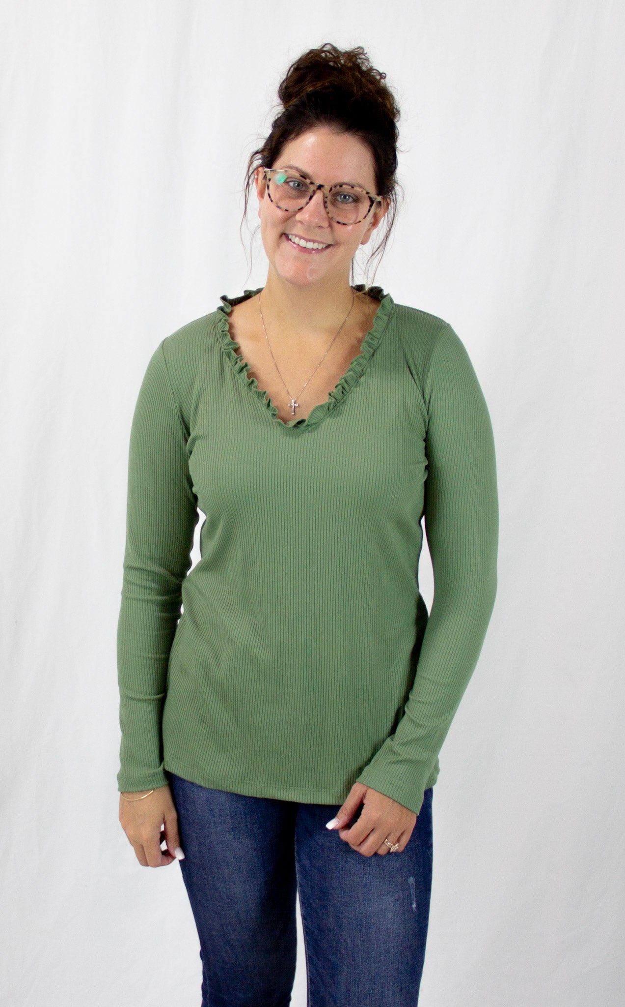 Sage Ruffle Neck Top
