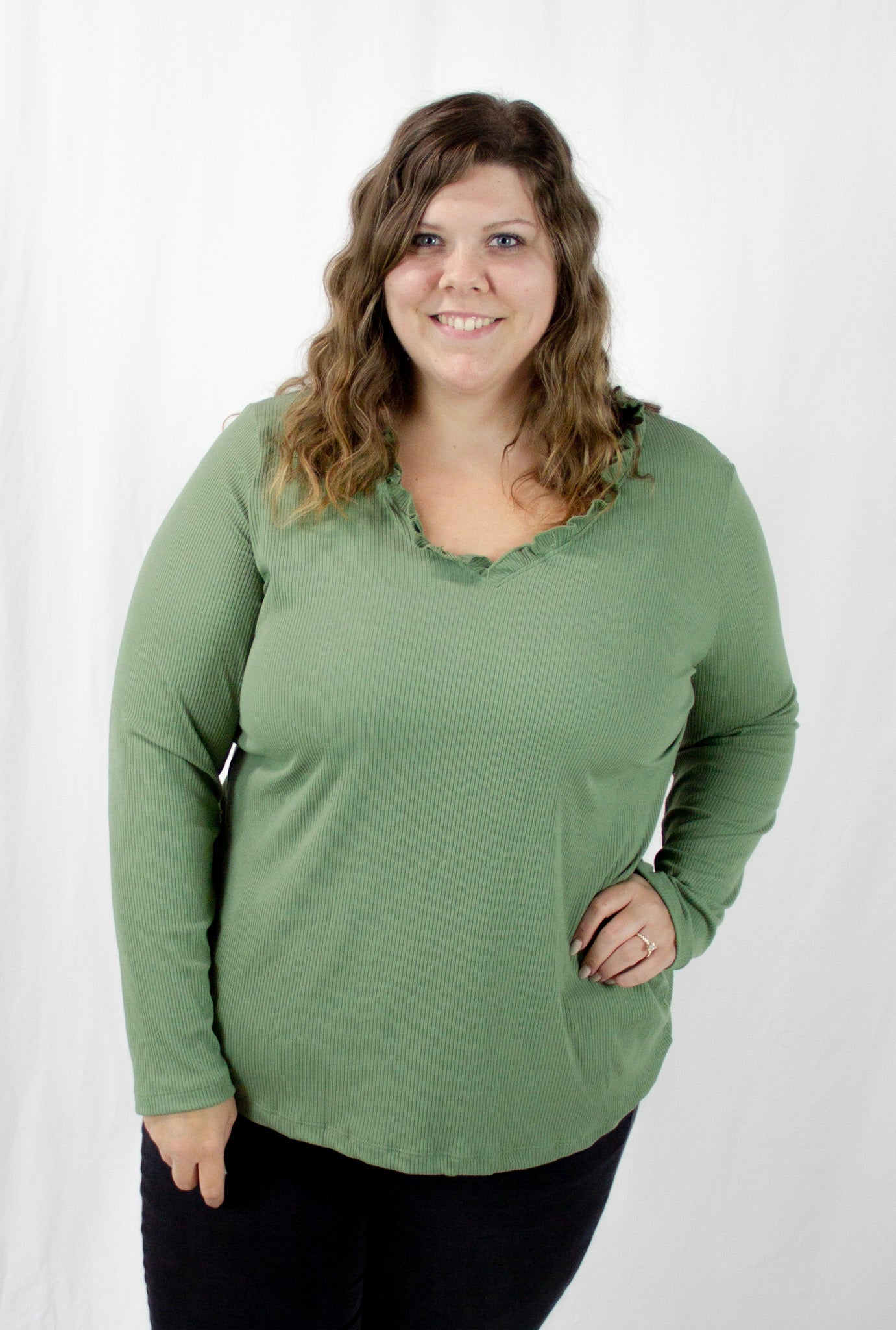 Sage Ruffle Neck Top